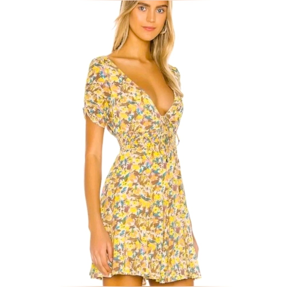 FREE PEOPLE Forget Me Not Yellow Floral Cottagecore Mini Dress Size 6